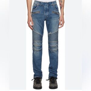Balmain Blue Skinny Jeans with Distressed Details
